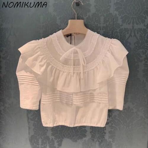 Nomikuma Sweet Bow Tie O-neck Women Blouses Korean Ruffle Patchwork Chic Shirts Summer 2021 New Puff Sleeve Top Blusas 6K174