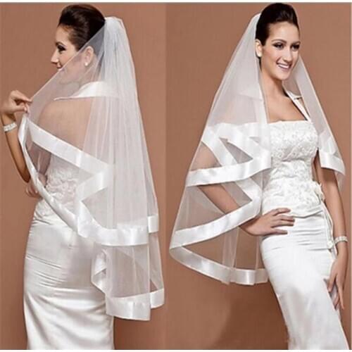 Cheap Ivory White Tulle stain ribbon edge Wedding Bridal Veils One Layer Elbow Length Free Ship Cheap Veils