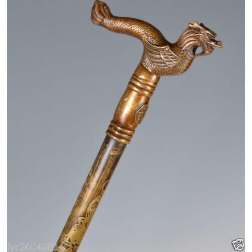 Bronze Pure Copper Brass Grandpa Good Lucky Vintage Collection Old Brass Vivid Flying Dragon Handle Walking Stick