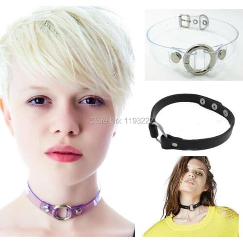 Kawaii Sexy 100% Handmade Harajuku Punk Rock Goth Clear Leather O Round Metal Choker Collar Necklace