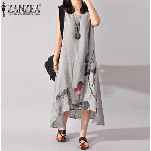 ZANZEA Linen Dress Women Summer Dresses Sleeveless Ink Painting Cotton Vestidos Ladies Mid Calf Vestido Womens Dresses