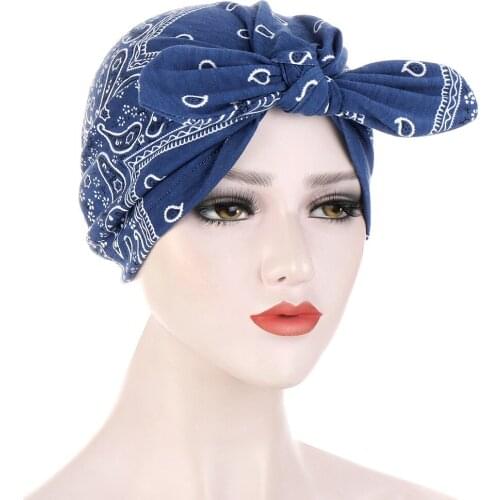 Cute Bow Turban Cap Women Floral Print Bonnet Hat Bowknot Bandana Cap Femme Fashion Geometric Beanie Headband Muslim Headwear