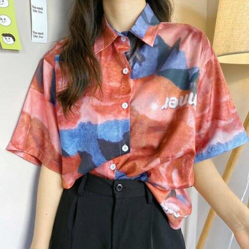 Fashion Women Loose Buttons Shirt Short Sleeve Turn Down Collar Tie Dye Blouse