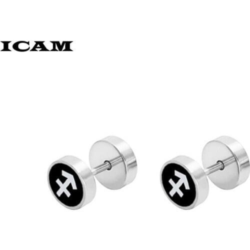 ICAM Stainless Steel Men Earings Brincos Steel Aries Zodiac Punk Hip Hop Fashion Dumbbell Earrings Male