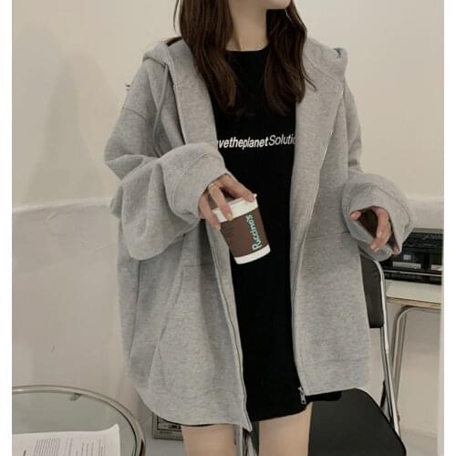 2021 new solid color cardigan hoodie womens street retro loose casual zipper hooded cardigan Y2K couple plus size sweatshirt