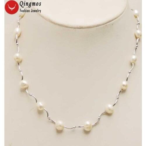 Qingmos Floating Natural Pearl Necklace for Women with 8mm White Baroque Pearl Chokers Necklace and Silver Plated Elbow Jewelry