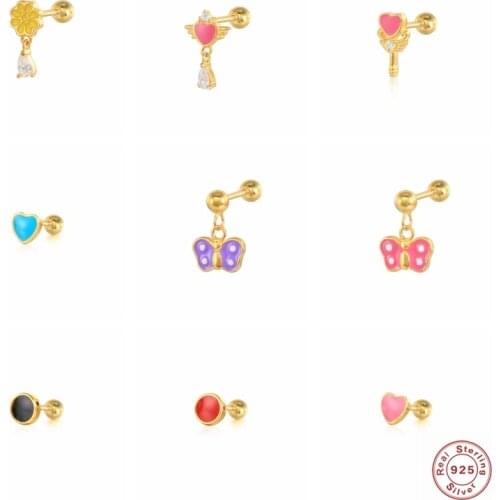 Piercing Pendientes Plata 925 Dripping Oil Cartilage Mini Stud Earring S925 Sterling Silver Colorful Helix Earrings For Women