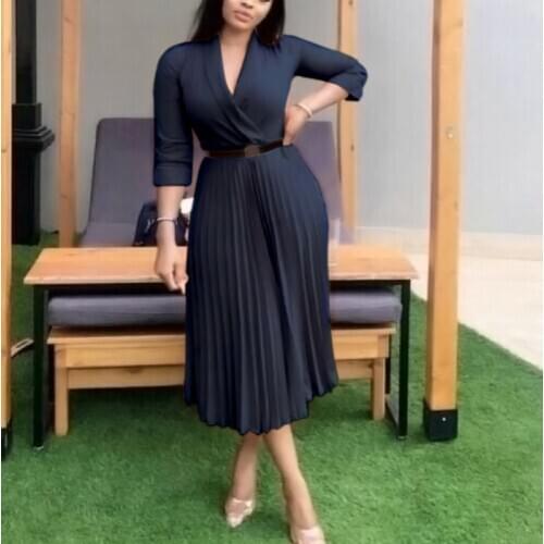 Blue Pleated Dress For African Ladies Solid High Waist Mid Calf Elegant Work Business Office Wear Dresses Midi 2021 Autumn New