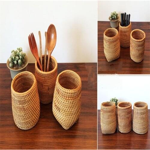 Manual Rattan Chopsticks Tube Shovel Spoons Bucket Dinner Knives Forks Holder Multifunction Home Storage Box Baskets Organizer
