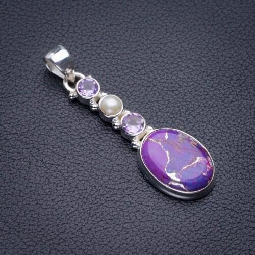 StarGems Natural Copper Turquoise,Amethyst And River Pearl Handmade 925 Sterling Silver Pendant 2" D5506