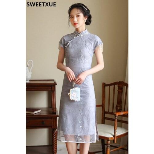 SWEETXUE 2021 Summer New Chinese Style Mesh Embroidery Beaded Tassels Sweet Elegant Cheongsam Midi Dress Womens Vintage