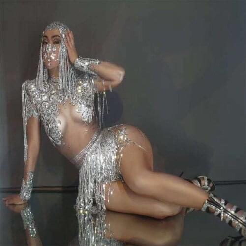 H70 Tassels Perspective Tight Pole Dance Leotard Elastic Singe Club Stretched Bodysuit Sexy Mesh Diamonds Drilling Chain Clothes