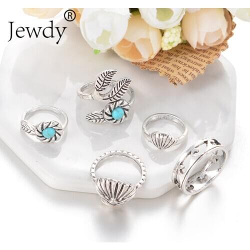 Vintage Big Stone Seashells Rings Set Midi Knuckle Feather Ring Bohemian Antique Statement Jewelry for Women Party Gift