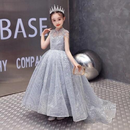 High-End Children Sequines Beading Stitching Evening Gown Kids Catwalk Birthday Party Princess Trailing Dress For Girls L880