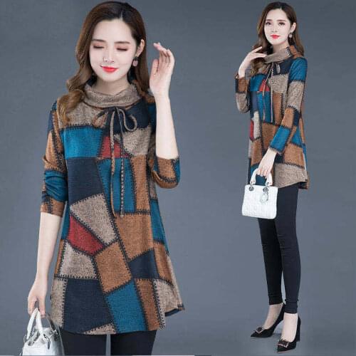 Woman Tshirts Cotton Wide Lady Autumn and Winter Turtleneck Plaid Printed plus Size T-shirt Tops Mujer Camisetas