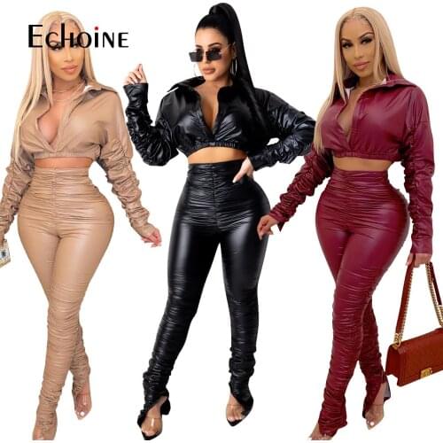 Echoine Autumn Winter Women Trendy PU Leather Two Pieces Sets Sexy Deep V-Neck Pleated Sleeve Crop Tops High Waist Draped Side