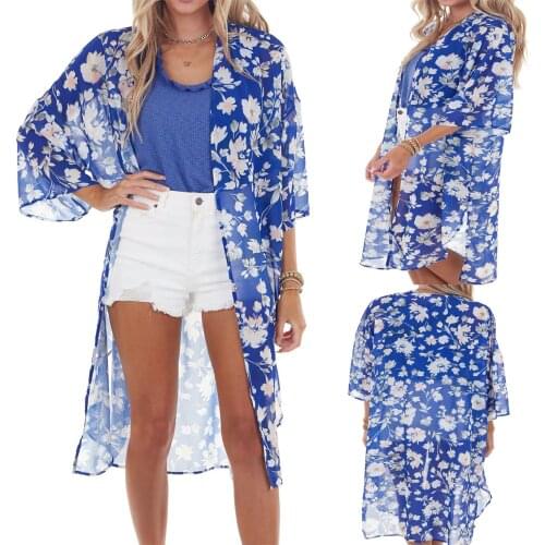 Women Summer Bathing Suit Beachwear Shirt Mid-Length Cardigan Blue Chiffon Printed Sunscreen Chiffon Shirt накидка на купальник