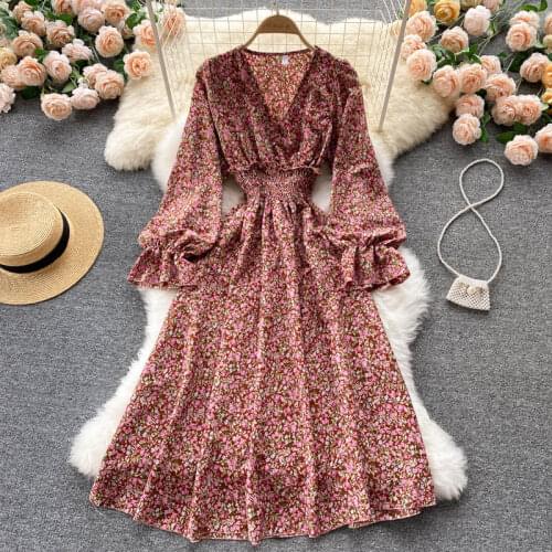 SINGREINY Women French Floral Dress Long Sleeve V Neck Elastic Ruched A-line Dresses Autumn Elegant Boho Print Vacation Dress
