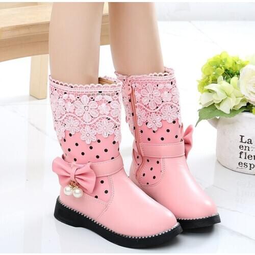 2021 Girls Winter Rubber Boots Lace Flowers Butterfly-knot Bow-tie With Pearl Pendant Princess Warm Cotton Kids Children Boots