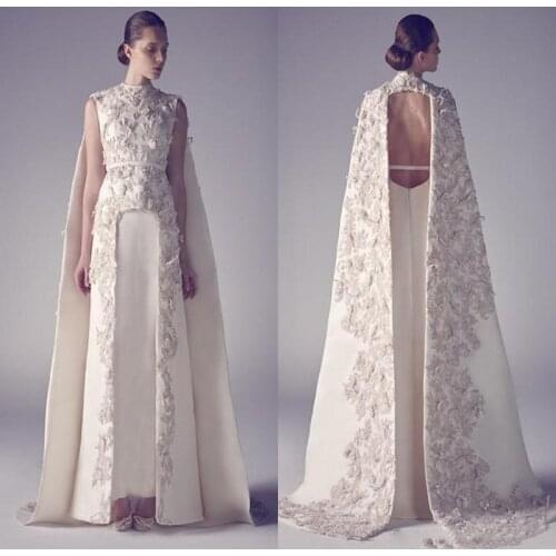 Arabic Evening Dresses Zuhair Murad High Neck Long Prom Gowns Applique Sheath Pageant Split Front Best Formal Evening Dress for