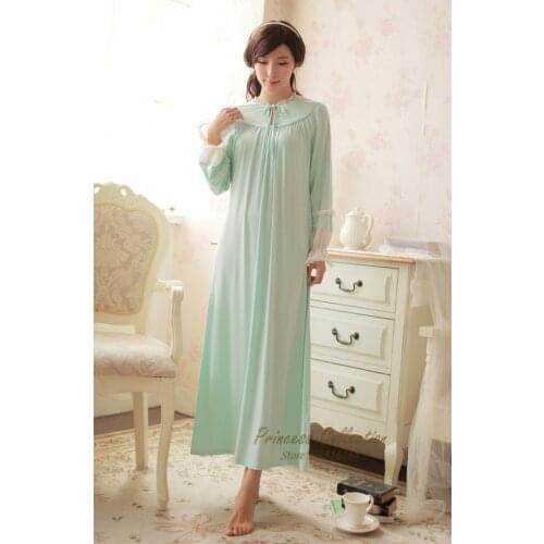 Free Shipping 2016 New Spring Princess Nightdress Womens Long Vintage Nightgown 100% Modal Green Nightshirt