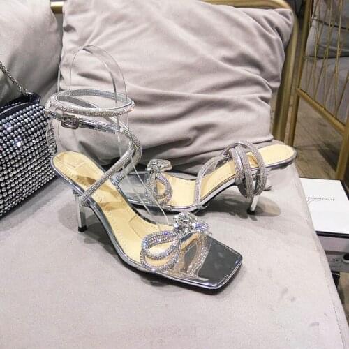 Free shipping sexy lady sandals Transparent pvc crystal bow high heels strappy shoes big size 34-40