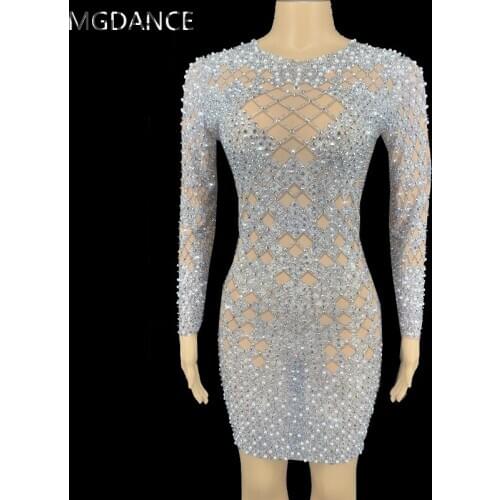 Flashing Silver Rhinestones Pearl Transparent Short Dress Birthday Celebrate Outfit Prom Women Singer Dress