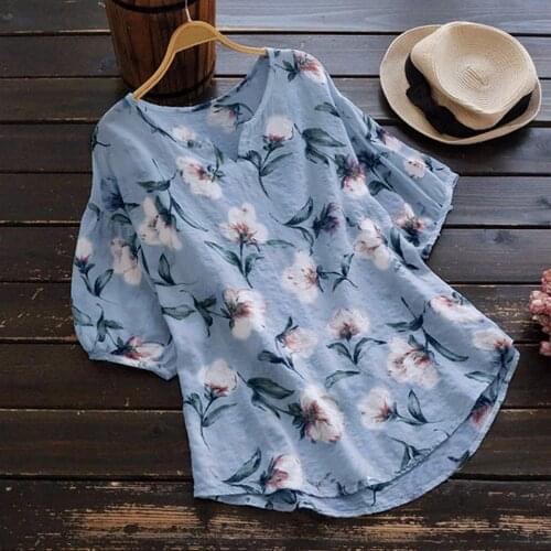 Women Shirt Blouse V Neck Half Sleeve Cotton Linen Vintage Boho Floral Print Tops Summer Plus Size Elegant Casual Loose Blouse