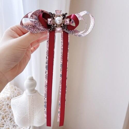 Korean Fabric Printed Pearl Bow Brooch Cloth Rhinestone Bow Tie Corsage Fashion Shirt Collar Pins for Women Clothing Accessories