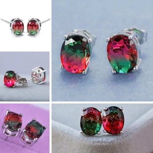 Classic Oval Crystal Stud Earrings For Women Delicate Multicolor Egg Shaped Red Green Double Color Zircon Earrings Gift Jewelry