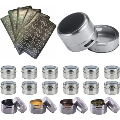Magnetic Spice Jar with Labels Stickers Stainless Steel Seasoning Tins Spice Storage Container Pepper Sprays Tools