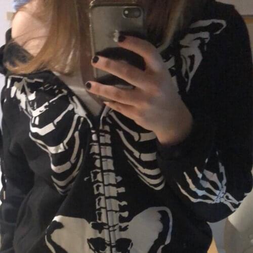 Korean style y2k harajuku zip-up loose skull print goth long sleeve hooded coat solid color retro shirt student girl top jackets