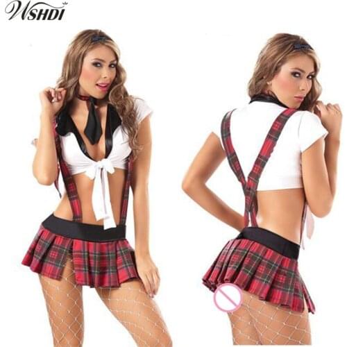 Fashion Sexy Red Plaid Schoolgirl Cosplay Costumes Cuteness Suspender Uniform White Deep V Tops+Red Pleated Tartan Skirts