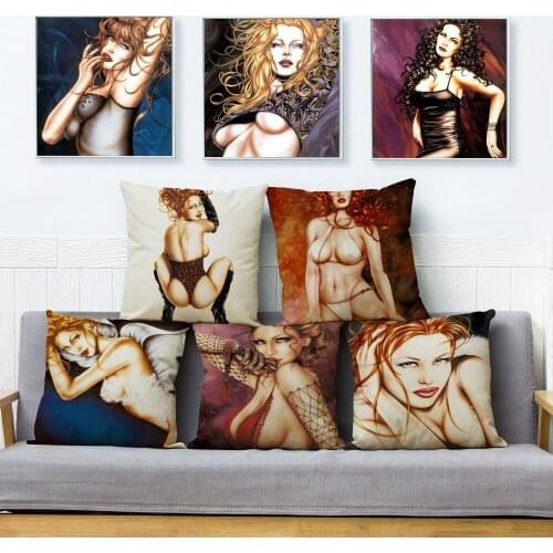 Hand Painted Sexy Girls Lady Print Pillow Cover 45*45cm Cushion Cover Beige Linen Throw Pillows Cases Home Decor Cushion Covers