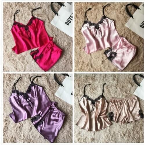 2Pcs Ladies Sexy Satin Silk Pajama Set Sleepwear Babydoll Lingerie Nightdress Pyjamas Suit Women Sleepwear Home Suit Nightwear