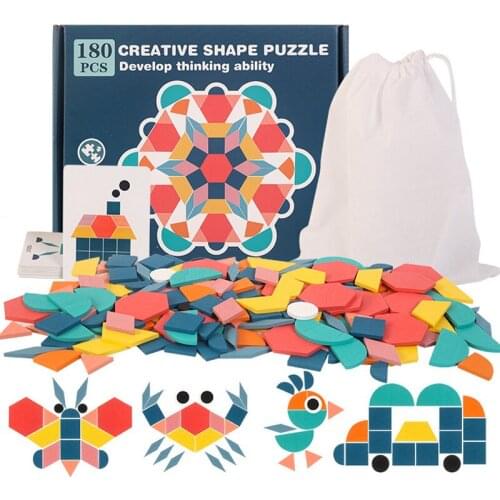 QWZ 180pcs Montessori Tangram Creative Shape Game Colorful Educational Funny Learning Wooden Toy For Children Christmas Gift