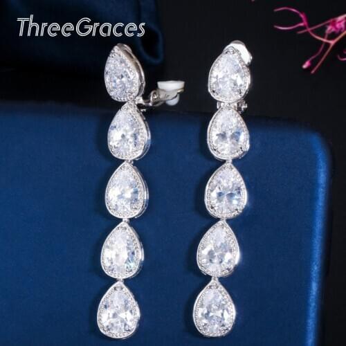 ThreeGraces Clear Cubic Zirconia Long Dangle Drop No Pierced Clip On Earrings Party Gift 2020 Luxury Bride Wedding Jewelry ER437