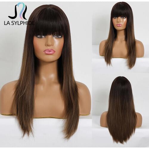 La Sylphide Synthetic Wig Long Straight Root Dark Brown Ombre Blond Wigs with Bangs for Black White Women Daily Heat Resistant