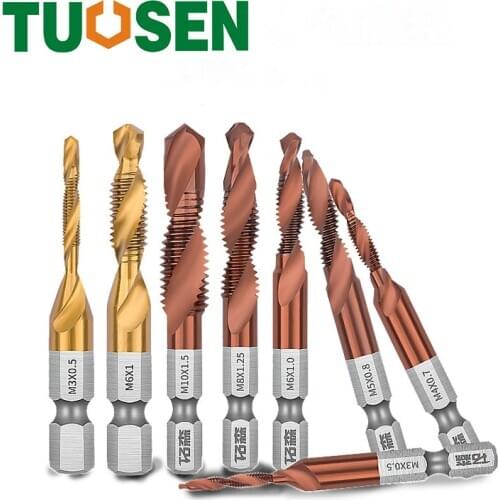 6PCS Hex Shank Compound Tap Titanium Plated HSS Screw Thread Metric Tap Drill Bits Screw Machine M3 M4 M5 M6 M8 M10 Hand Tools
