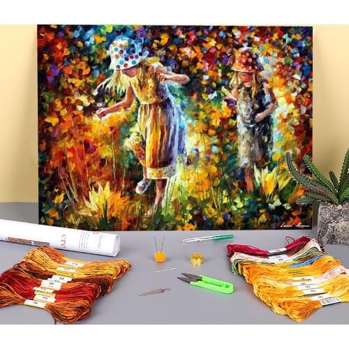 Two Little Sisters Printed Fabric 11CT Cross Stitch Embroidery Kit DMC Threads Knitting Handiwork Hobby Sewing Sales Wholesale