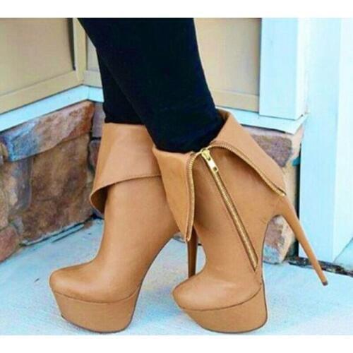 SHOFOO shoes,Beautiful fashionable womens shoes, leather, about 14.5 cm high-heeled womens boots, mid- calf womens boots