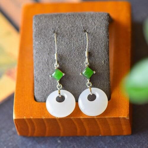 Vintage Earrings Classical Chinese Style Pure Silver Ear Hook Hetian Jade Peace Buckle Earrings Dignified Generous Style Earring