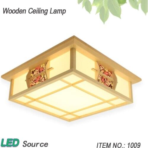 Japanese Tatami Style Square Natural OAK Wood and Pinus Sylvestris Cover LED Ceiling Lamp with Grid Paper Ceiling Light Fixture