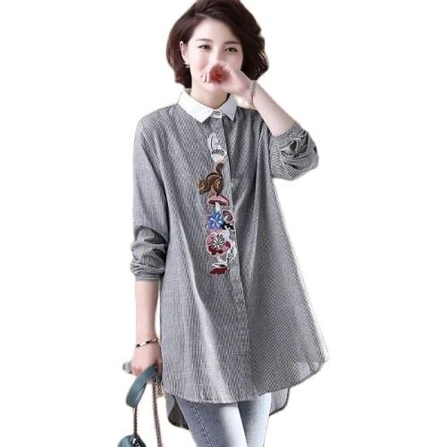 Women Spring Autumn Style Long Blouses Shirts lady Casual Long Sleeve Embroidery Striped Printed Blusas Tops DD9154