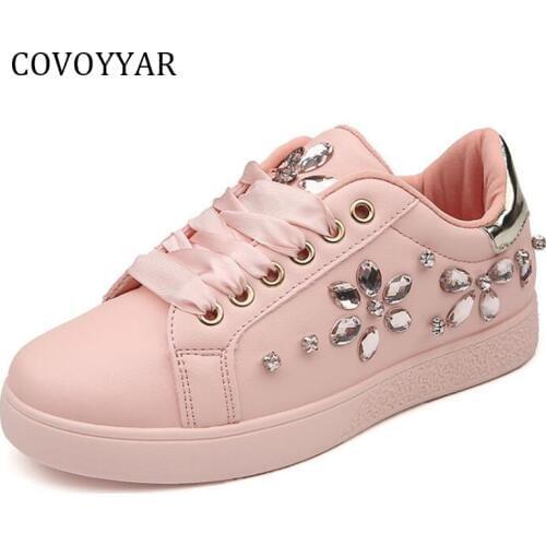 COVOYYAR 2019 Rhinestone Flowers Women Sneakers Comfort Lace Up Casual Shoes Spring Autumn Flat White Shoes Trainers WSN608