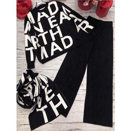 High Street Women Knitted 3 Piece Set Fall Winter New Letter Print Knitted Loose Sweater +Shawl Scarf +Wide-leg Pants Suits