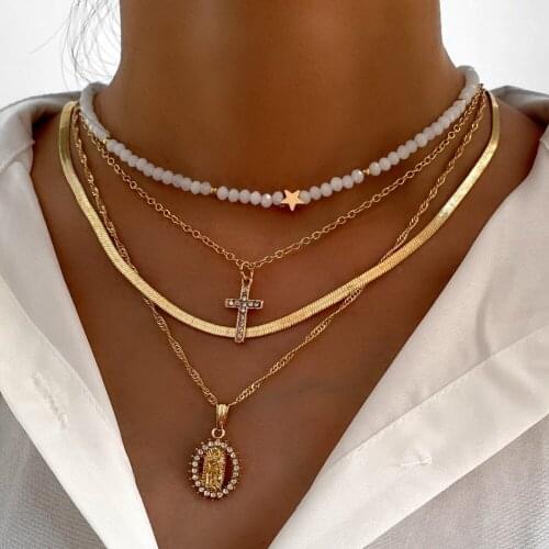 Flatfoosie Vintage Multi-layer Star Beaded Choker Necklace For Women Golden Crystal Cross Portrait Snake Chain Necklace Jewelry