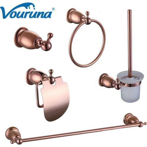 2018 Wholesale Solid Brass Rose Golden Bathroom Hardware Set Robe Hook Towel Bar Ring Towel Rails Toilet Paper Holder