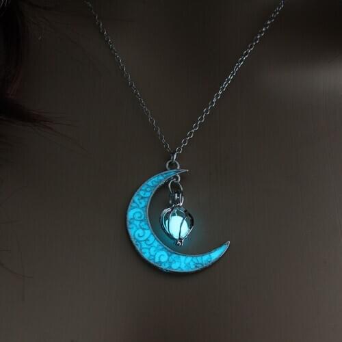 2020 Moon Glowing Necklace Charm Jewelry Silver Plated Women Halloween Pendant Hollow Luminous Stone Pendant Necklace