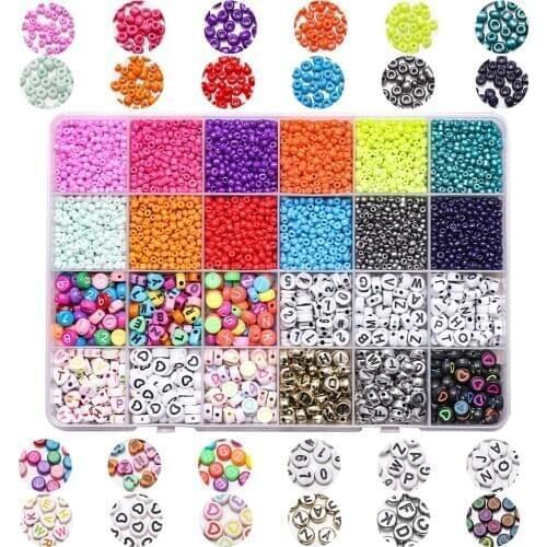 24grid 3mm Glass Spacer Seed Beads With 4*7MM Mixed Letter Acrylic Beads Round Flat Alphabet Handmade Beaded Bracelet Necklace